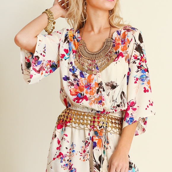 Umgee V-neck Floral Romper w/Tassel Waist - Picture 2 of 7